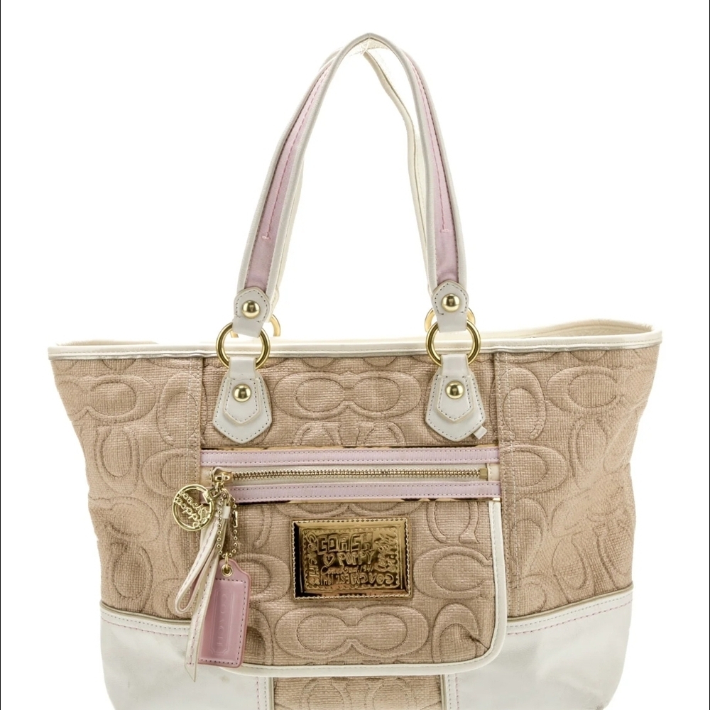 Coach Poppy Straw Beige and White Signature Tote.